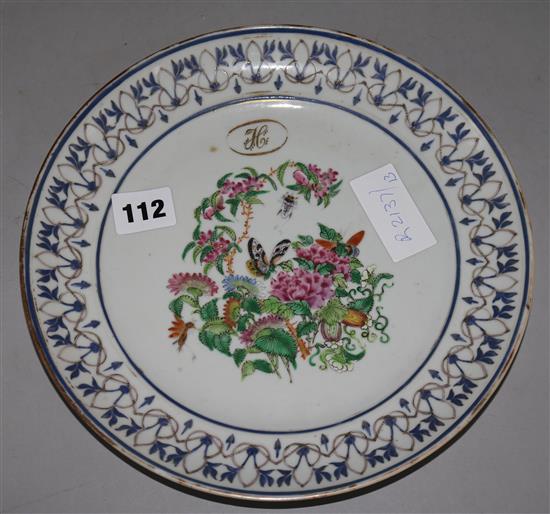 A Chinese famille rose plate, Daoguang period, a pair of early gilt and floral Crown Derby plates and a ceramic tray